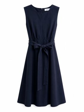 Lark & Ro Navy Fit Flare Dress Belted Sleeveless Midi Career Office Chic Preppy